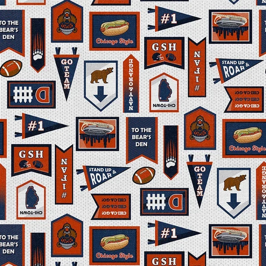 Chi-Town Tough Chicago Bear Banners Football Blue Orange Paintbrush Studios Cotton Fabric PBS-120-26622