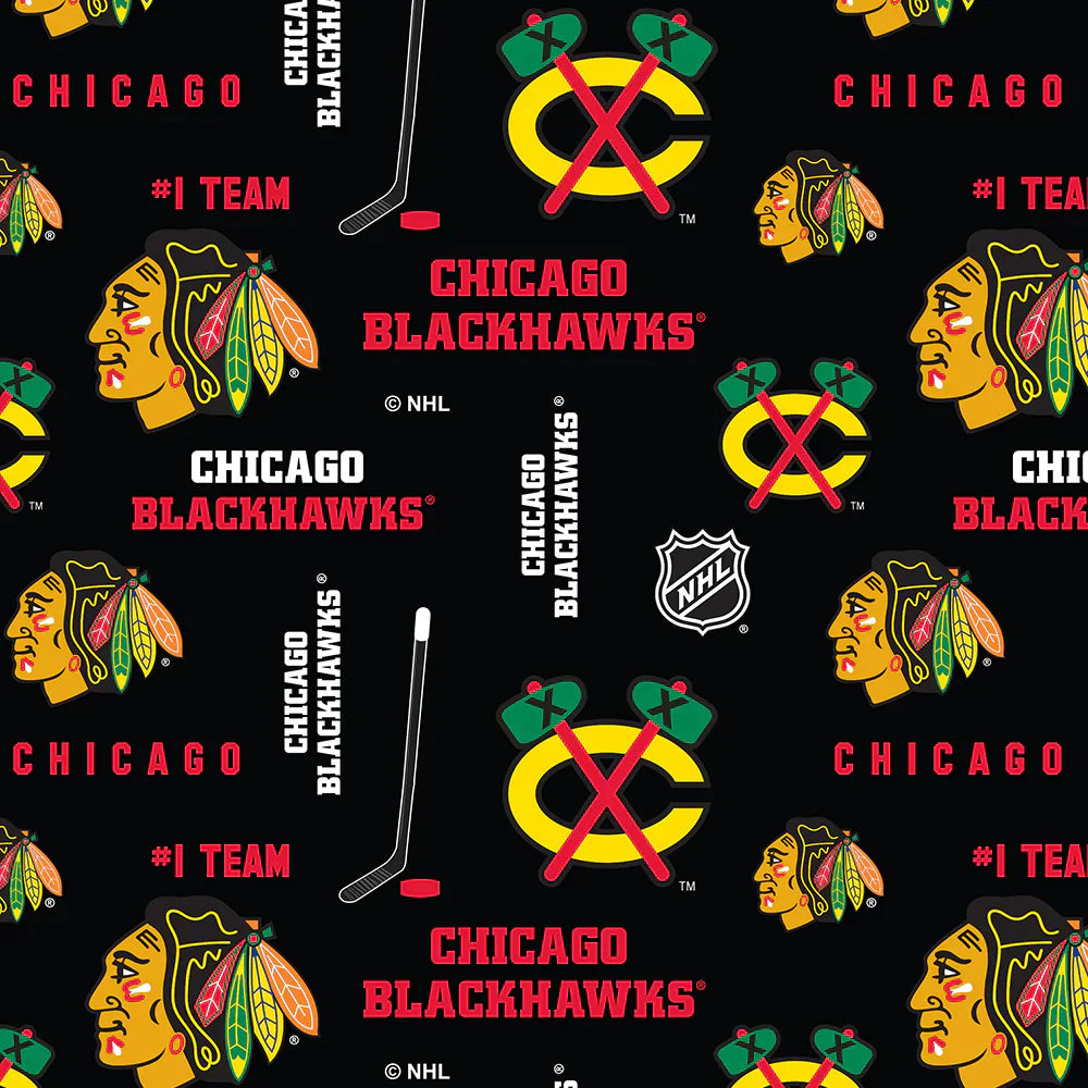 Chicago Blackhawks NHL Hockey Allover Design Cotton Fabric NHL-169-BLK
