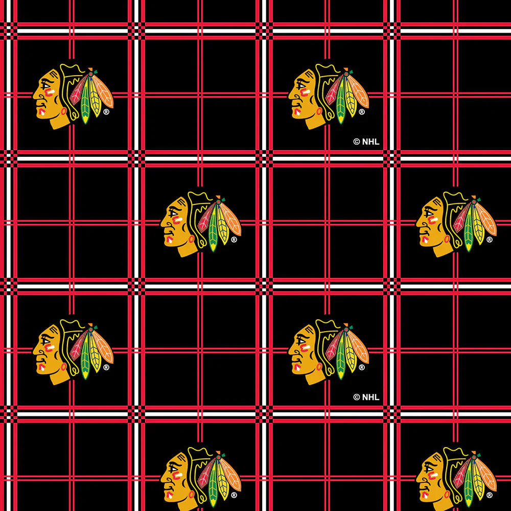 Chicago Blackhawks NHL Hockey Plaid FLANNEL Sykel Enterprises Cotton Fabric NHL-023-BLK