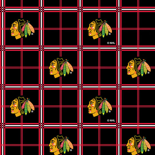 Chicago Blackhawks NHL Hockey Plaid FLANNEL Sykel Enterprises Cotton Fabric NHL-023-BLK