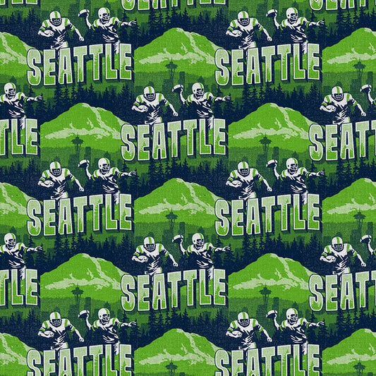 Evergreen Endzone Seattle Football Skyline Green Blue Paintbrush Studios Cotton Fabric PBS-120-26831