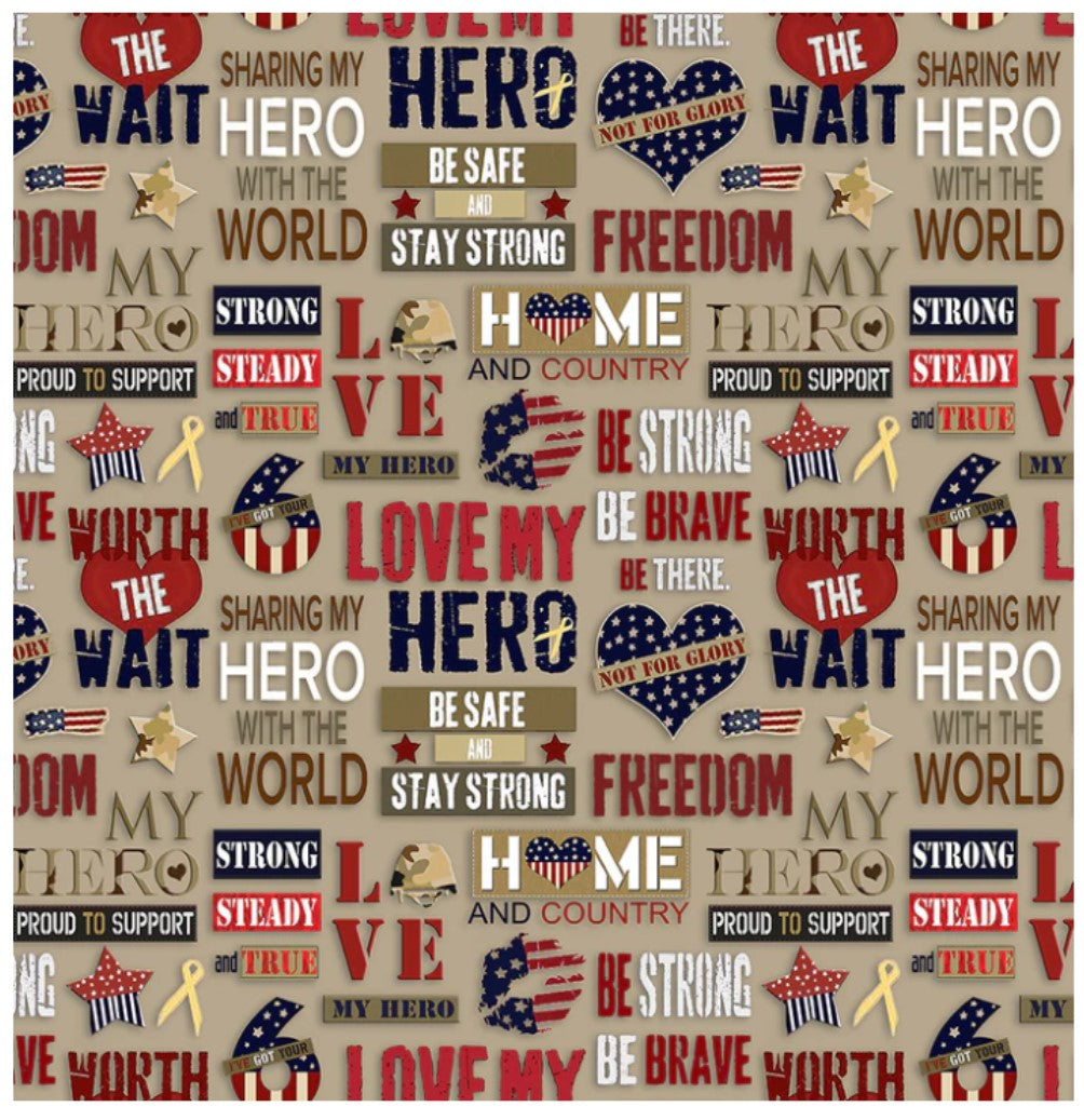 Homefront Girl Military Love My Hero Words Allover Sykel Cotton Fabric Sykel-10434