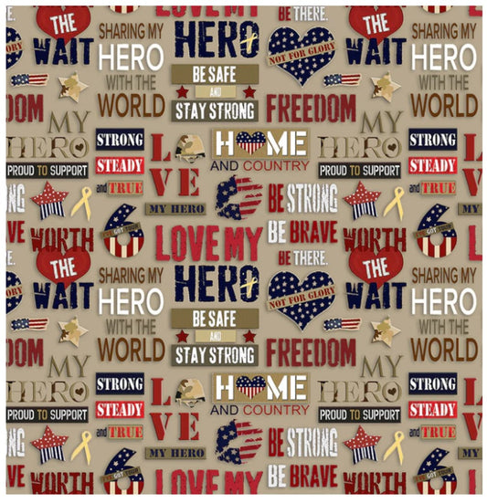 Homefront Girl Military Love My Hero Words Allover Sykel Cotton Fabric Sykel-10434
