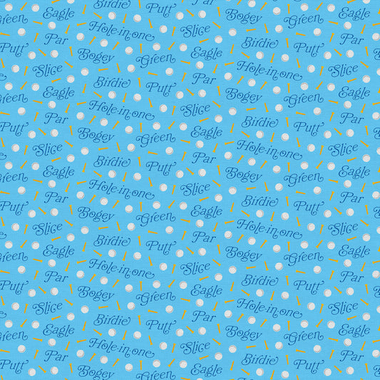 Let's Go Golfing Golf Words Toss Blue Paintbrush Studio Cotton Fabric PBS-120-25202