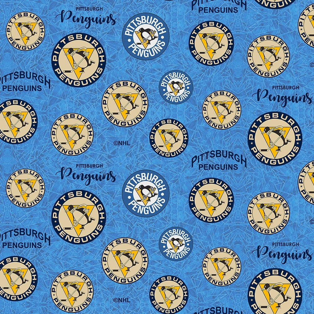 Pittsburgh Penguins NHL Hockey Medallions Blue Design Cotton Fabric NHL-1226-PEN