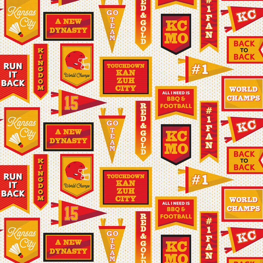 What a Catch Kansas City Chiefs Football Pennant Flags Cream PBS Collection PaintBrush Studio Cotton Fabric PBS-120-24890