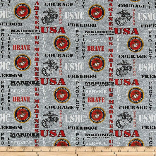 Marines Military Armed Forces The Few The Proud Brave Seal Heather Allover Sykel Cotton Fabric 1181-M